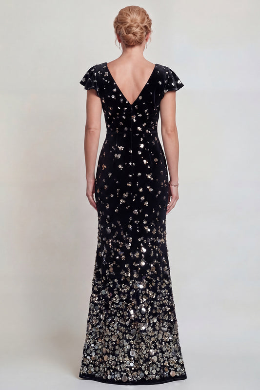 Sparkly Black Silver Mermaid Velvet Sequin Long Mother of the Bride Dress with Sleeves