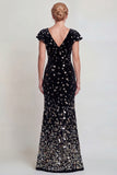 Sparkly Black Silver Mermaid Velvet Sequin Long Mother of the Bride Dress with Sleeves