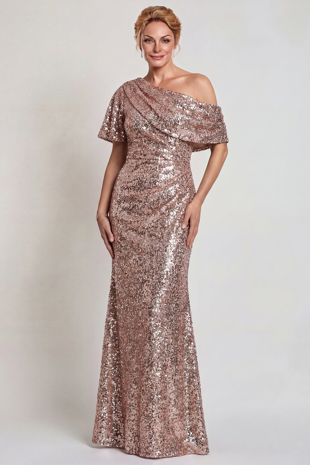Sparkly Champagne Sequins Mermaid One Shoulder Long Mother of the Bride Dress