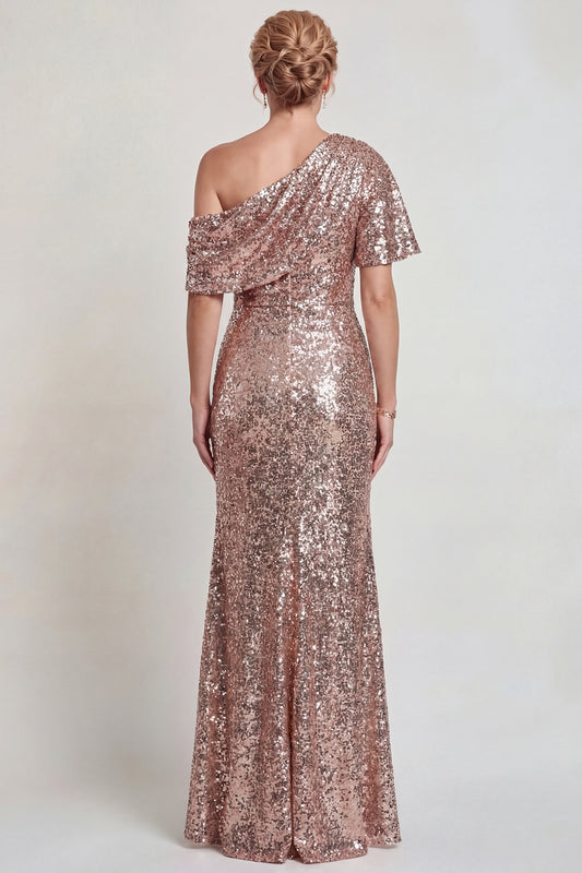 Sparkly Champagne Sequins Mermaid One Shoulder Long Mother of the Bride Dress