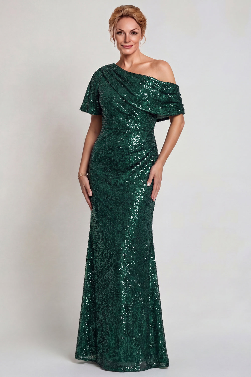 Sparkly Champagne Sequins Mermaid One Shoulder Long Mother of the Bride Dress