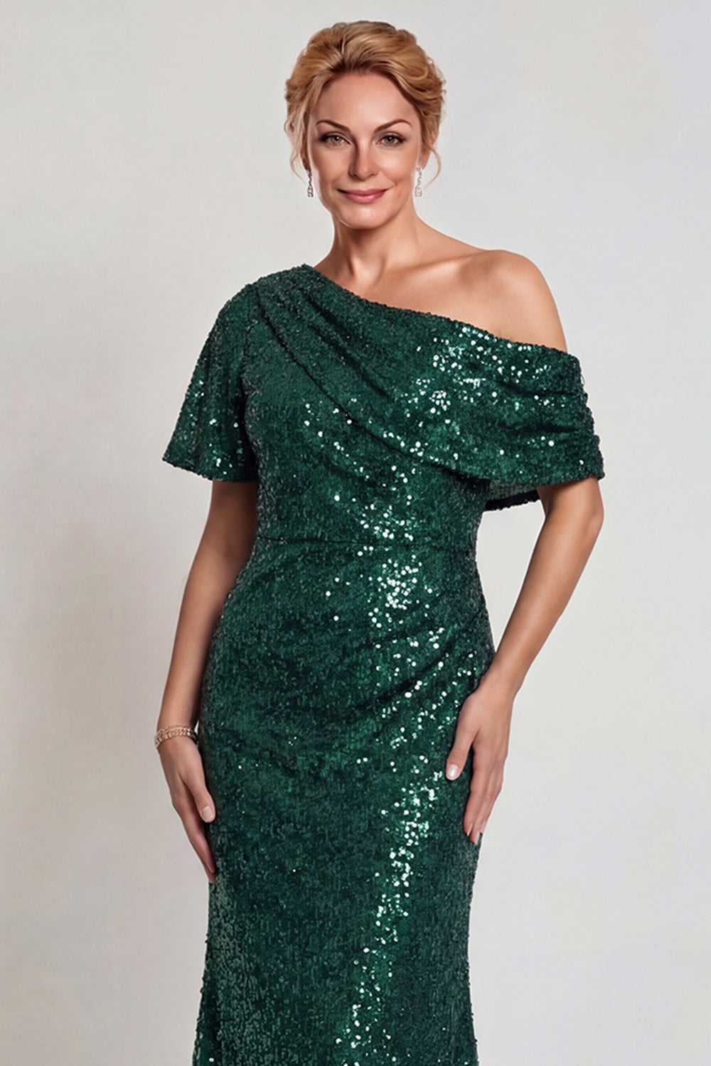 Sparkly Champagne Sequins Mermaid One Shoulder Long Mother of the Bride Dress