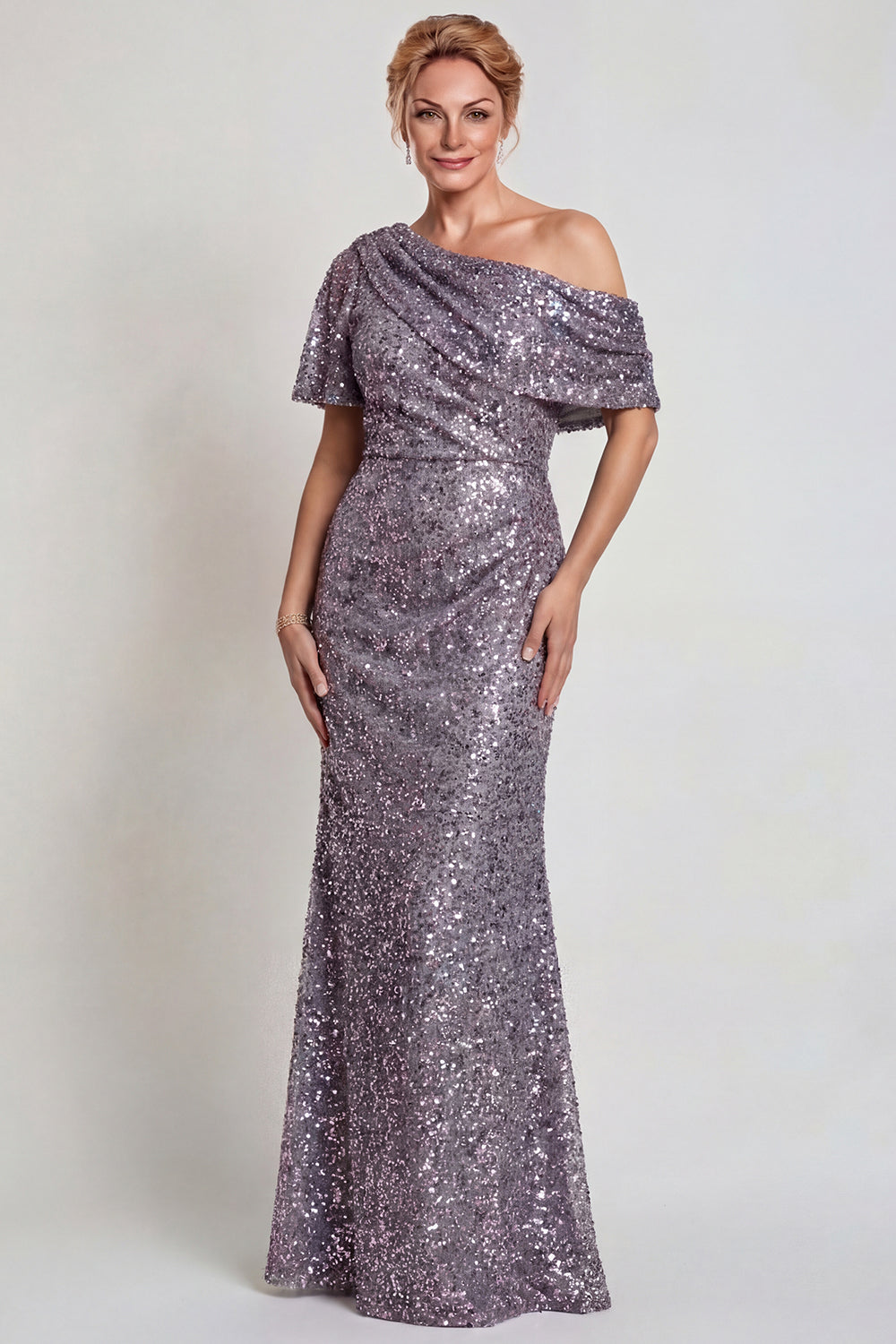 Sparkly Champagne Sequins Mermaid One Shoulder Long Mother of the Bride Dress