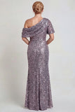 Sparkly Champagne Sequins Mermaid One Shoulder Long Mother of the Bride Dress