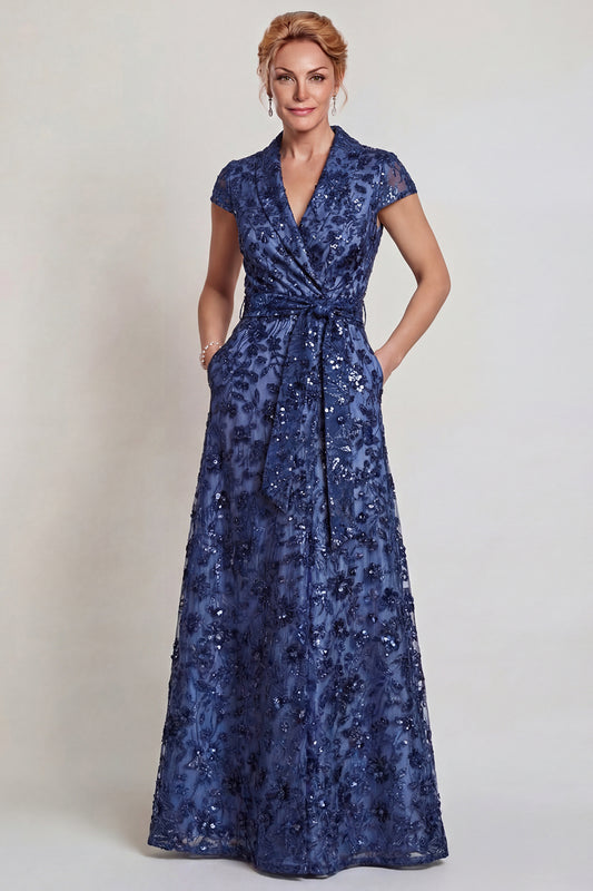 Sparkly Dark Blue Floral Sequin Shawl Lapel Long Mother of the Bride Dress with Pockets