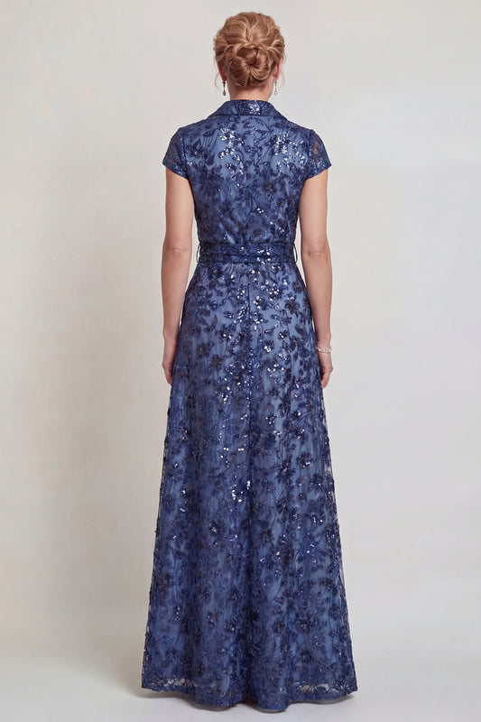 Sparkly Dark Blue Floral Sequin Shawl Lapel Long Mother of the Bride Dress with Pockets