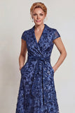 Sparkly Dark Blue Floral Sequin Shawl Lapel Long Mother of the Bride Dress with Pockets