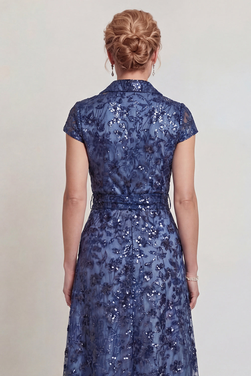 Sparkly Dark Blue Floral Sequin Shawl Lapel Long Mother of the Bride Dress with Pockets
