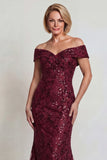 Sparkly Navy Sequins Mermaid Off The Shoulder Long Mother of the Bride Dress