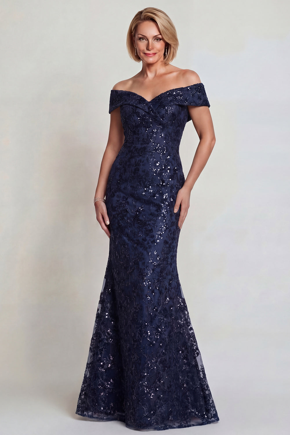 Sparkly Navy Sequins Mermaid Off The Shoulder Long Mother of the Bride Dress