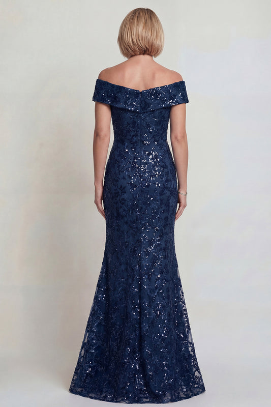 Sparkly Navy Sequins Mermaid Off The Shoulder Long Mother of the Bride Dress