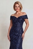 Sparkly Navy Sequins Mermaid Off The Shoulder Long Mother of the Bride Dress