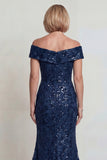 Sparkly Navy Sequins Mermaid Off The Shoulder Long Mother of the Bride Dress