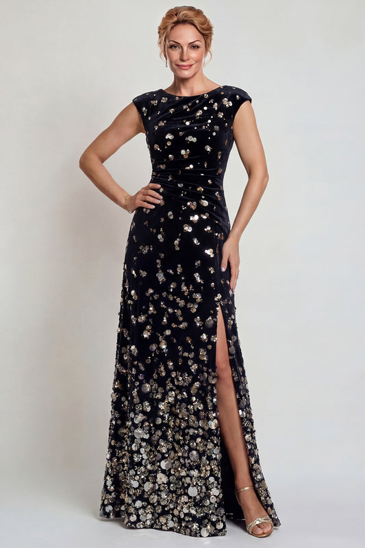 Sparkly Black Silver Mermaid Velvet Sequin Long Mother of the Bride Dress with Slit