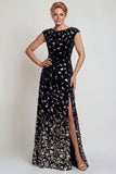 Sparkly Black Silver Mermaid Velvet Sequin Long Mother of the Bride Dress with Slit