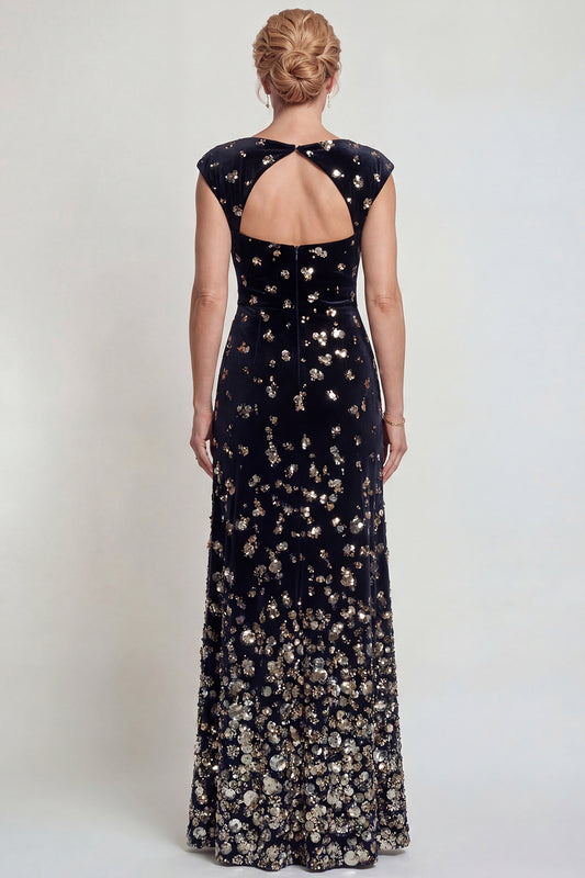 Sparkly Black Silver Mermaid Velvet Sequin Long Mother of the Bride Dress with Slit