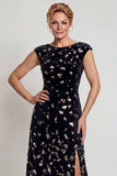 Sparkly Black Silver Mermaid Velvet Sequin Long Mother of the Bride Dress with Slit