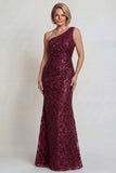 Sparkly Burgundy Sequins Mermaid One Shoulder Long Mother of the Bride Dress