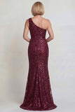Sparkly Burgundy Sequins Mermaid One Shoulder Long Mother of the Bride Dress