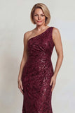 Sparkly Burgundy Sequins Mermaid One Shoulder Long Mother of the Bride Dress