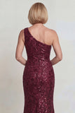 Sparkly Burgundy Sequins Mermaid One Shoulder Long Mother of the Bride Dress