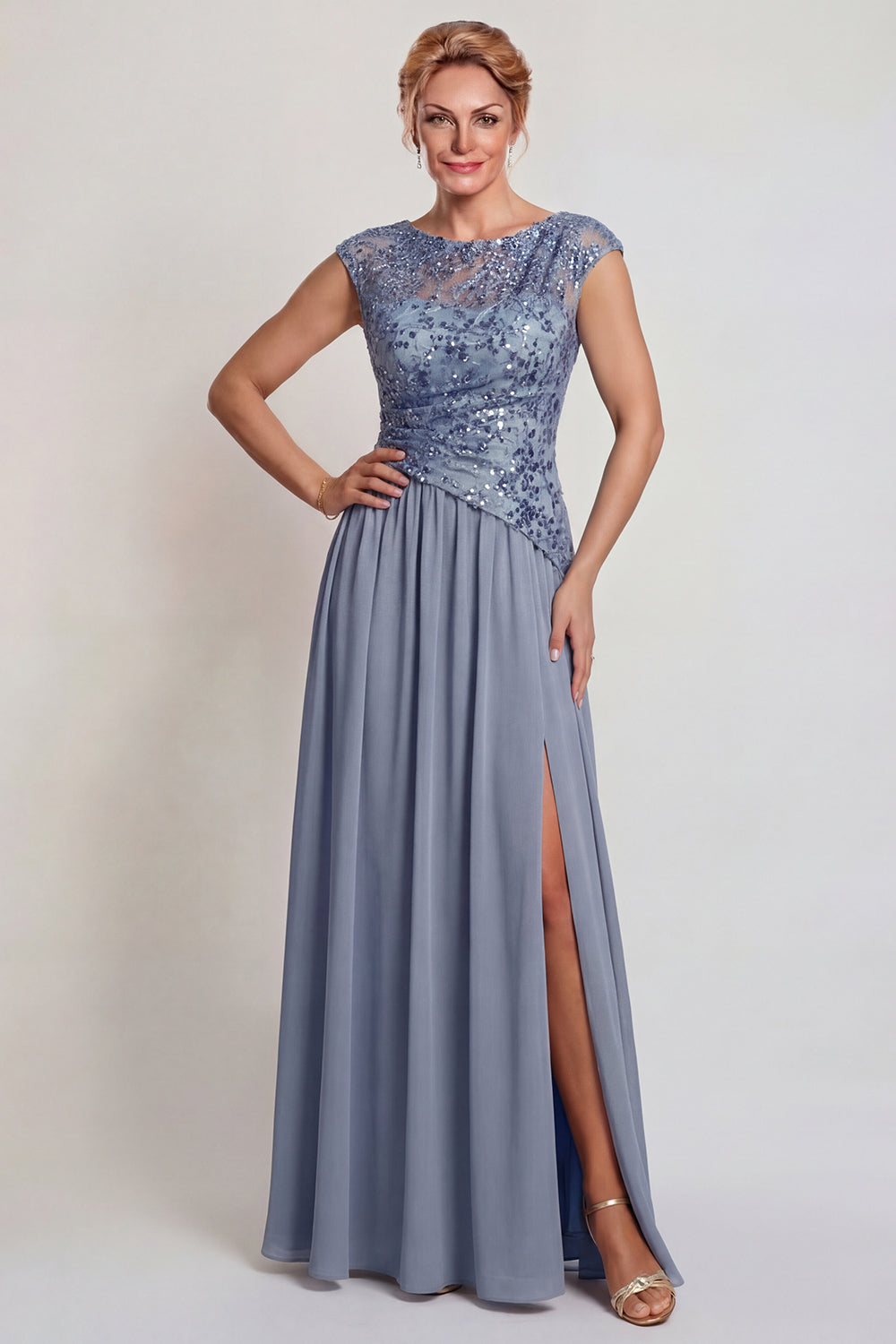 Sparkly Grey Blue A Line Sequin Long Mother of the Bride Dress with Slit