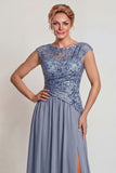 Sparkly Grey Blue A Line Sequin Long Mother of the Bride Dress with Slit