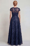 Sparkly Navy Sequins Boat Neck A Line Long Mother of the Bride Dress with Sleeves