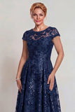 Sparkly Navy Sequins Boat Neck A Line Long Mother of the Bride Dress with Sleeves