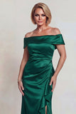Dark Green Satin Off the Shoulder Long Mother of the Bride Dress with Slit