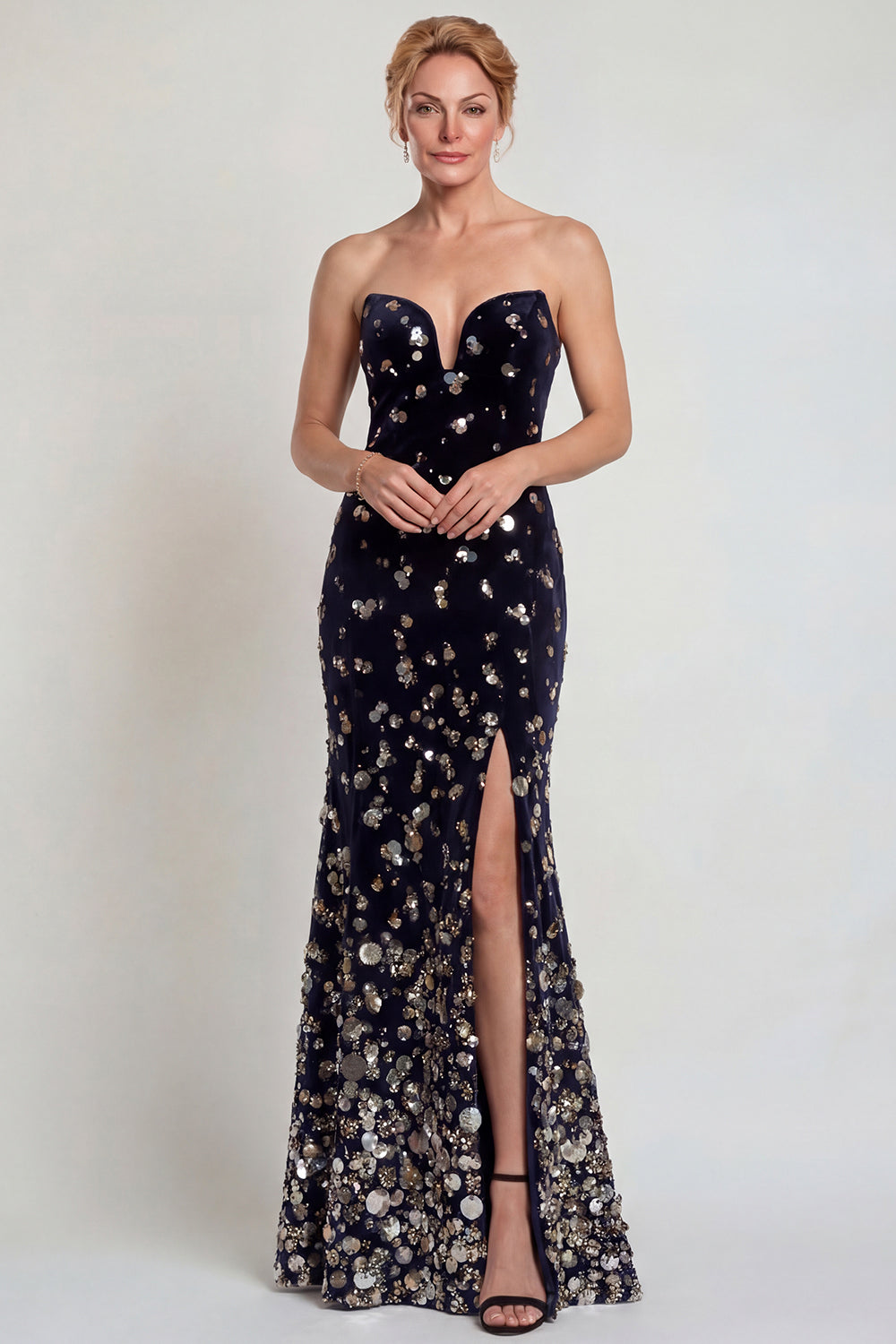 Sparkly Black Silver Sequins Strapless Long Mother of the Bride Dress with Slit