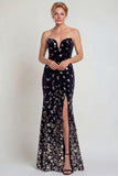 Sparkly Black Silver Sequins Strapless Long Mother of the Bride Dress with Slit