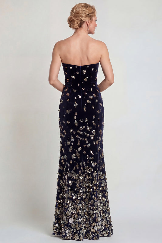 Sparkly Black Silver Sequins Strapless Long Mother of the Bride Dress with Slit