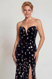 Sparkly Black Silver Sequins Strapless Long Mother of the Bride Dress with Slit