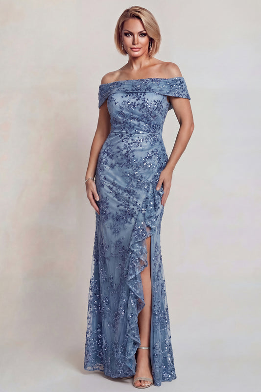 Sparkly Grey Blue Off the Shoulder Sequins Long Mother of the Bride Dress with Slit