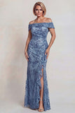 Sparkly Grey Blue Off the Shoulder Sequins Long Mother of the Bride Dress with Slit