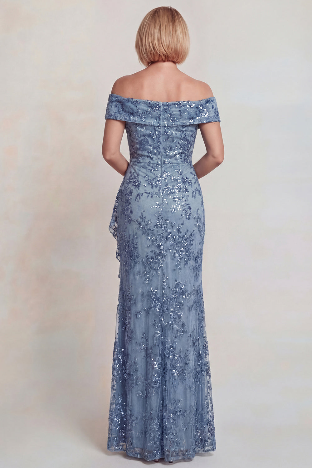 Sparkly Grey Blue Off the Shoulder Sequins Long Mother of the Bride Dress with Slit