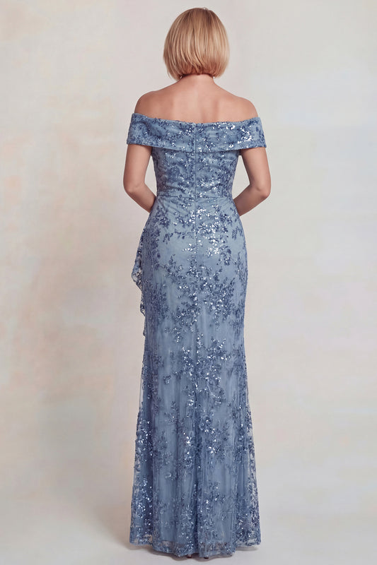 Sparkly Grey Blue Off the Shoulder Sequins Long Mother of the Bride Dress with Slit