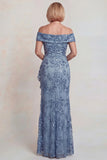 Sparkly Grey Blue Off the Shoulder Sequins Long Mother of the Bride Dress with Slit