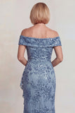 Sparkly Grey Blue Off the Shoulder Sequins Long Mother of the Bride Dress with Slit