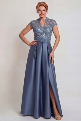 Grey Blue Lace Satin A Line Cap Sleeves Long Mother of the Bride Dress with Belt