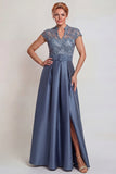 Grey Blue Lace Satin A Line Cap Sleeves Long Mother of the Bride Dress with Belt
