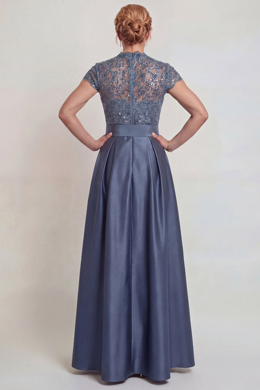 Grey Blue Lace Satin A Line Cap Sleeves Long Mother of the Bride Dress with Belt