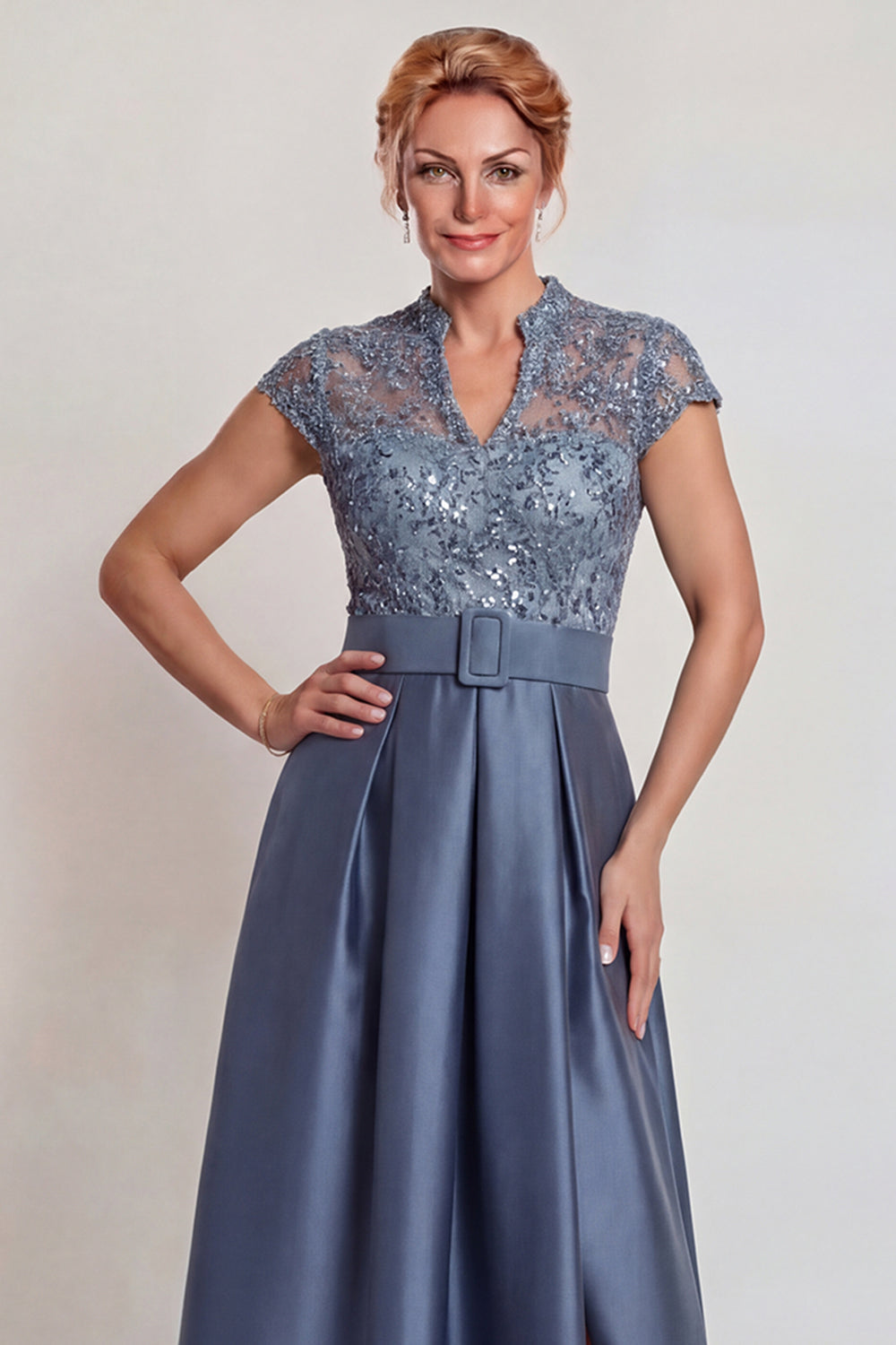 Grey Blue Lace Satin A Line Cap Sleeves Long Mother of the Bride Dress with Belt