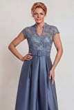 Grey Blue Lace Satin A Line Cap Sleeves Long Mother of the Bride Dress with Belt