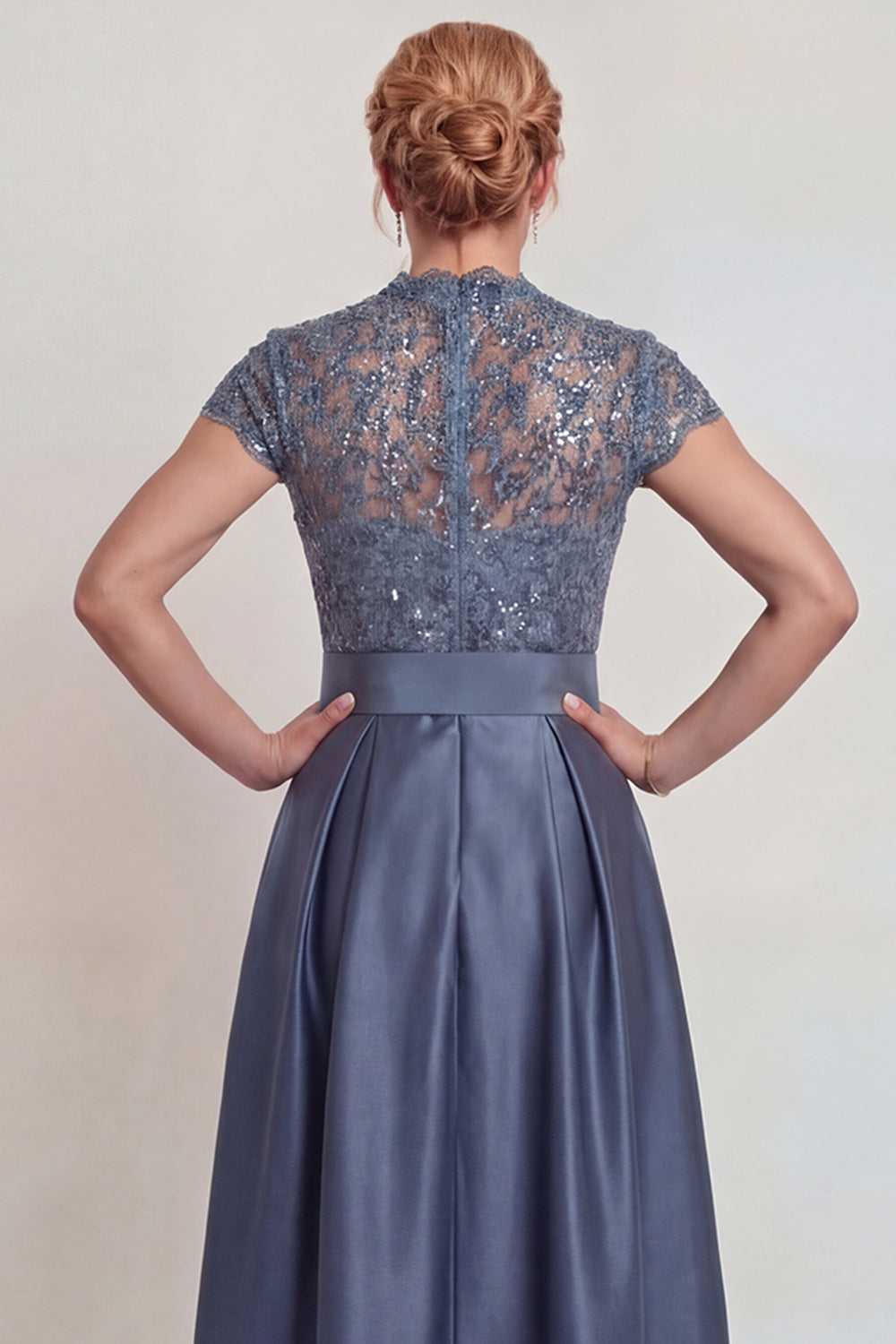 Grey Blue Lace Satin A Line Cap Sleeves Long Mother of the Bride Dress with Belt