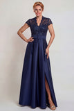 Grey Blue Lace Satin A Line Cap Sleeves Long Mother of the Bride Dress with Belt