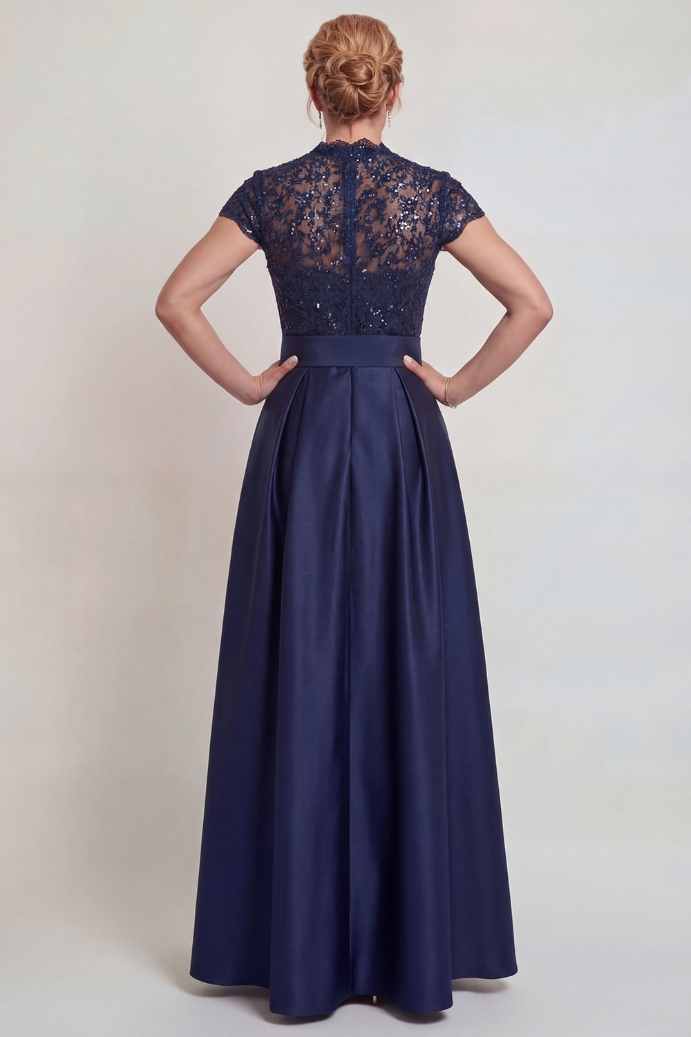Grey Blue Lace Satin A Line Cap Sleeves Long Mother of the Bride Dress with Belt
