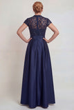 Grey Blue Lace Satin A Line Cap Sleeves Long Mother of the Bride Dress with Belt