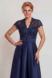 Grey Blue Lace Satin A Line Cap Sleeves Long Mother of the Bride Dress with Belt